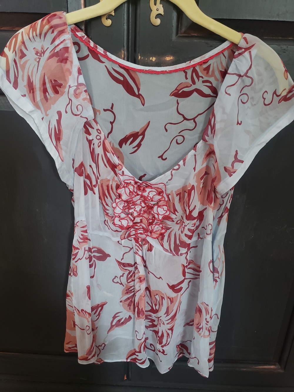 Women’s Floral Sheer V-Neck Top - Light Blue & Coral, Flower Applique Side Zip